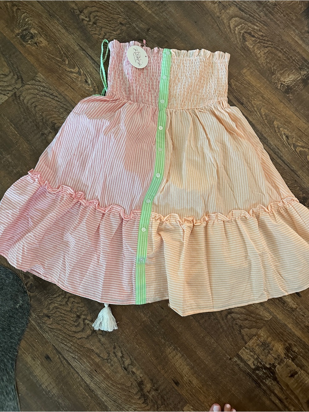 Girls Pink Striped Smocked Skirt with Green Trim